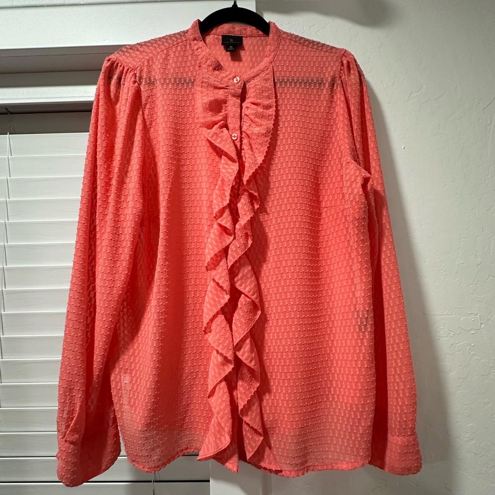 Light Orange Secretary Ruffle Button Down Top